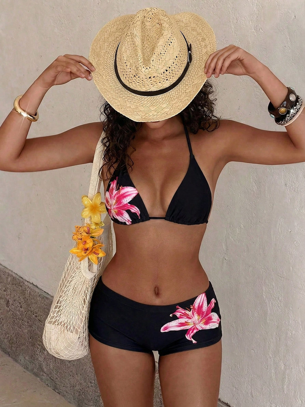 PEPPERMOLLY Fashionable Floral Swimwear: Black Backless Bikini Top +