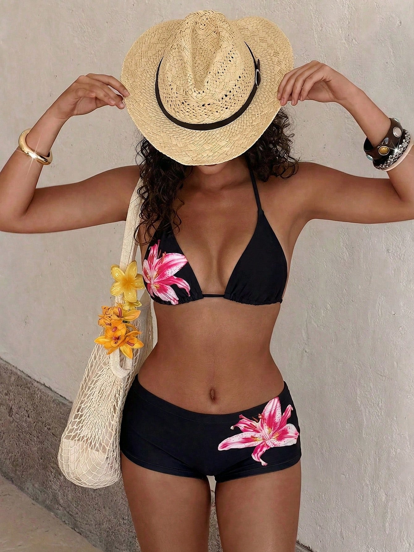 PEPPERMOLLY Fashionable Floral Swimwear: Black Backless Bikini Top +