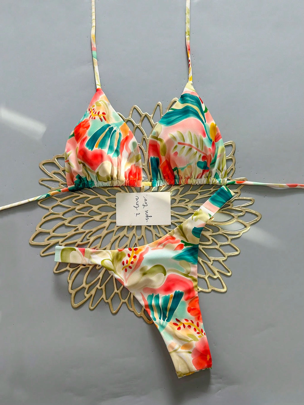 2pcs Casual Cute Elegant Sexy Bohemian Floral Tie-Up Braided Bikini