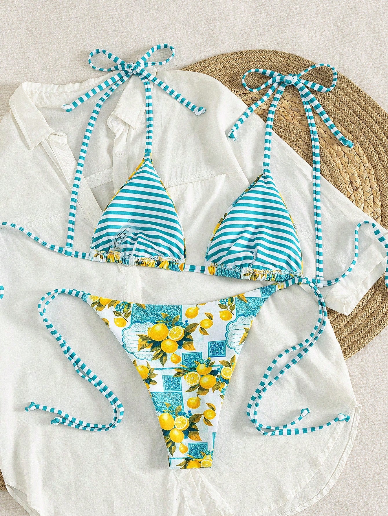 Swim Vcay Women Beach Summer Music Festival Bowknot Stripe Lemon Printed Knot Cu