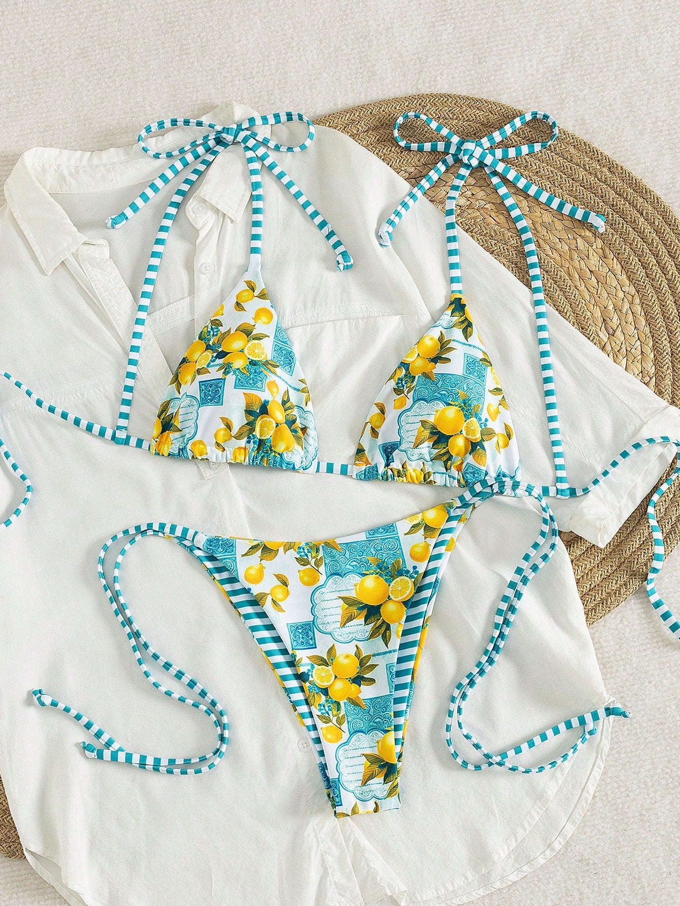 Swim Vcay Women Beach Summer Music Festival Bowknot Stripe Lemon Printed Knot Cu