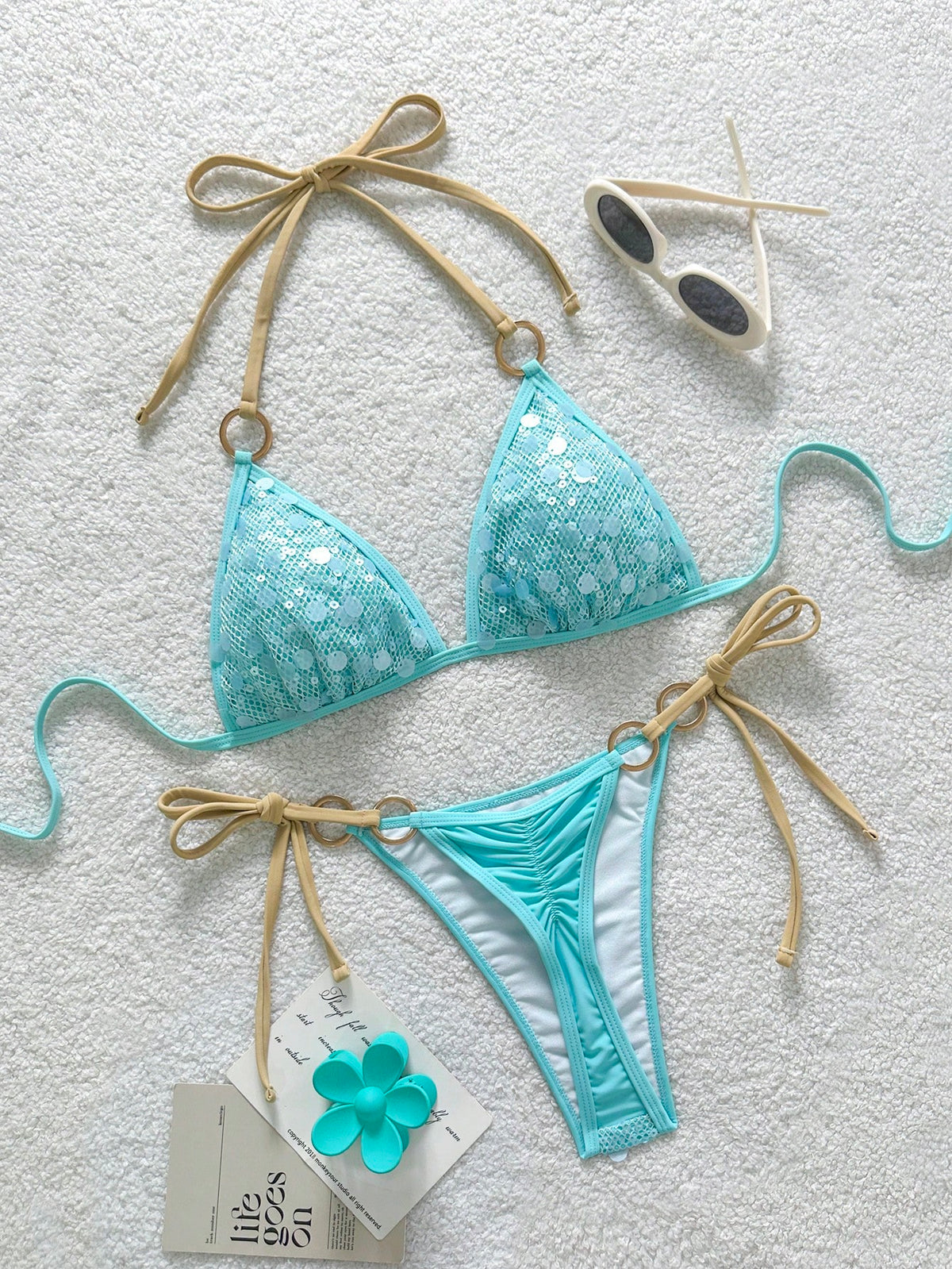 Soleia Beach Outfit For Women Summer Outfits Vacation Sequin Blue Bikini Women's Contrast Color Halter Tie - image 8