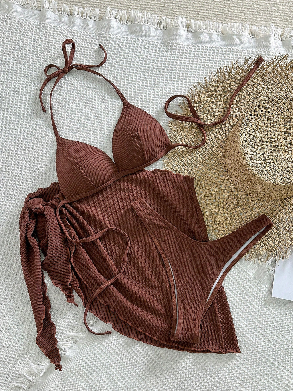 Swim SXY 3pcs/Set Halter Tie Bikini Top, Triangle Bottoms And Mini Skirt Swimsui
