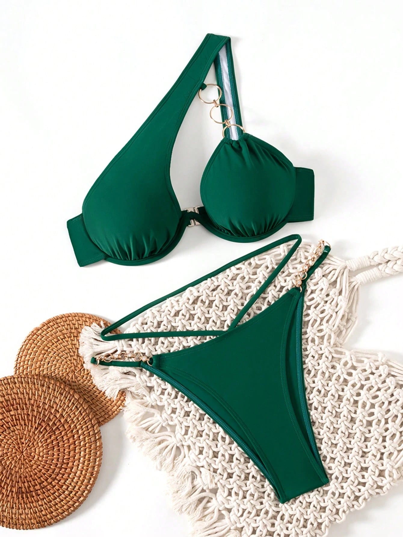 Swim SXY Women's Solid Color Metal Chain Asymmetric Neckline Bikini Set One Shou