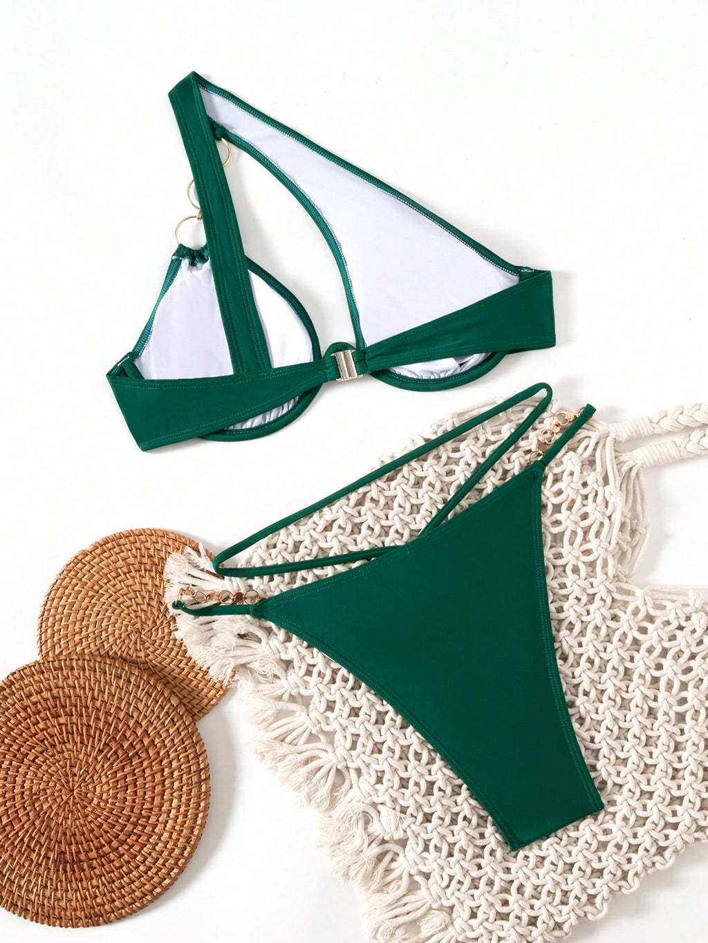 Swim SXY Women's Solid Color Metal Chain Asymmetric Neckline Bikini Set One Shou