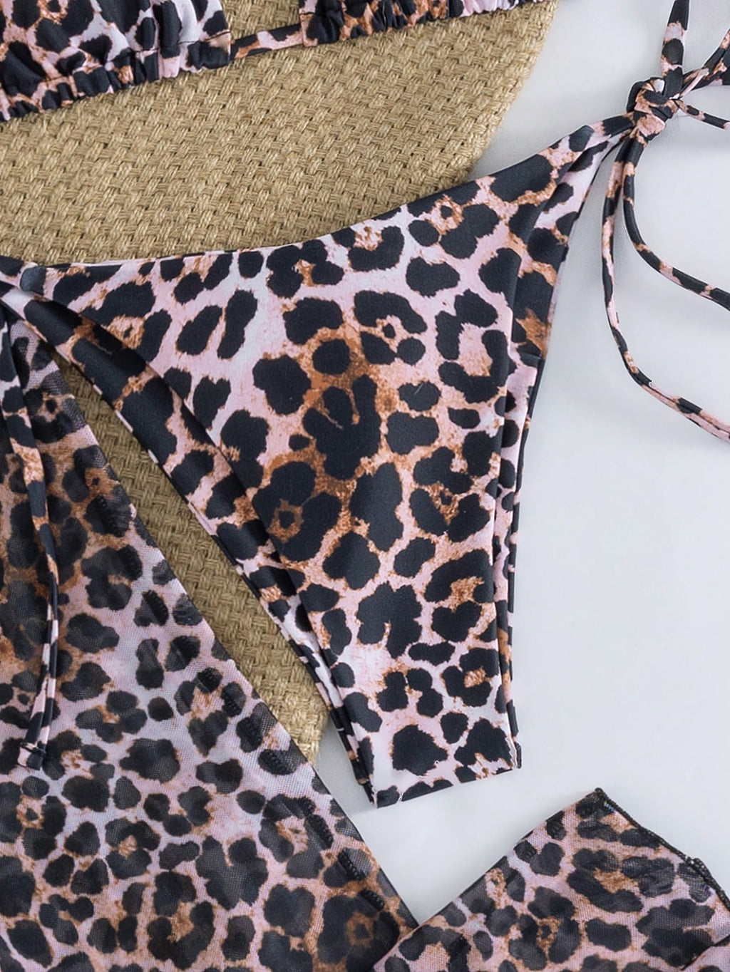4pcs Women's Leopard Print Bikini Set With Chiffon Cover-Up And Headscarf