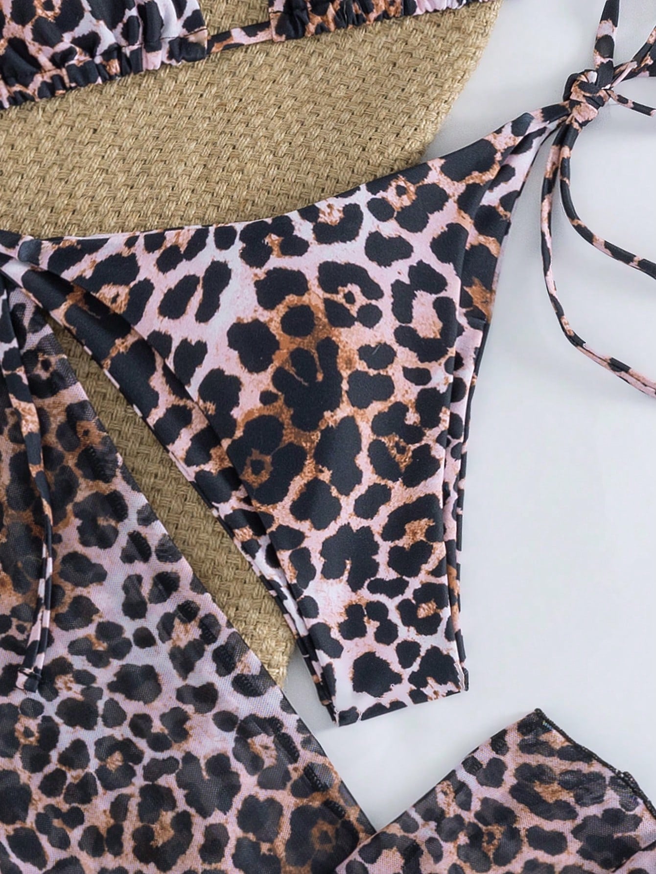 4pcs Women's Leopard Print Bikini Set With Chiffon Cover-Up And Headscarf