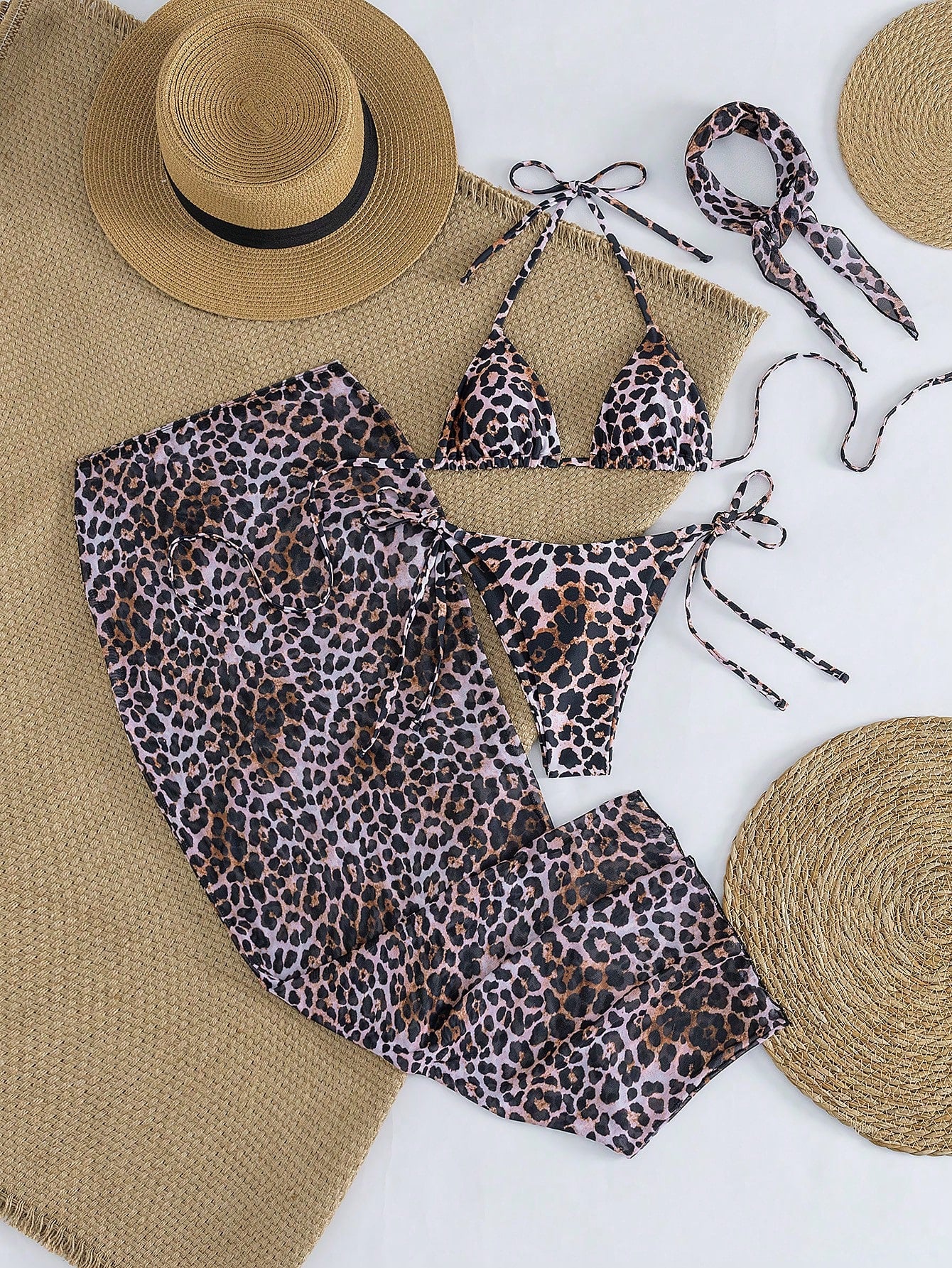 4pcs Women's Leopard Print Bikini Set With Chiffon Cover-Up And Headscarf