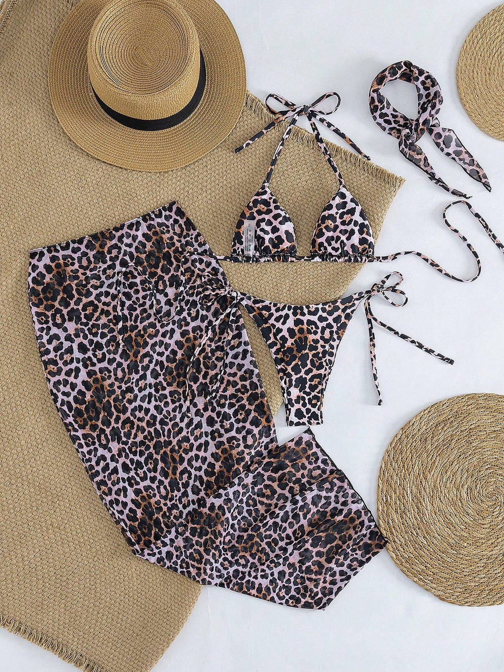 4pcs Women's Leopard Print Bikini Set With Chiffon Cover-Up And Headscarf