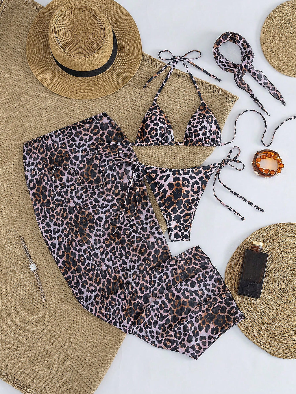 4pcs Women's Leopard Print Bikini Set With Chiffon Cover-Up And Headscarf