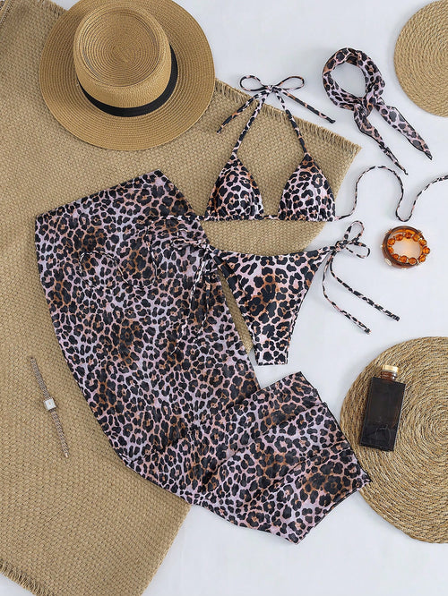 4pcs Women's Leopard Print Bikini Set With Chiffon Cover-Up And Headscarf