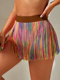 Swim Vcay Summer Beach Rainbow Striped Fringe Hem Cover Up Skirt