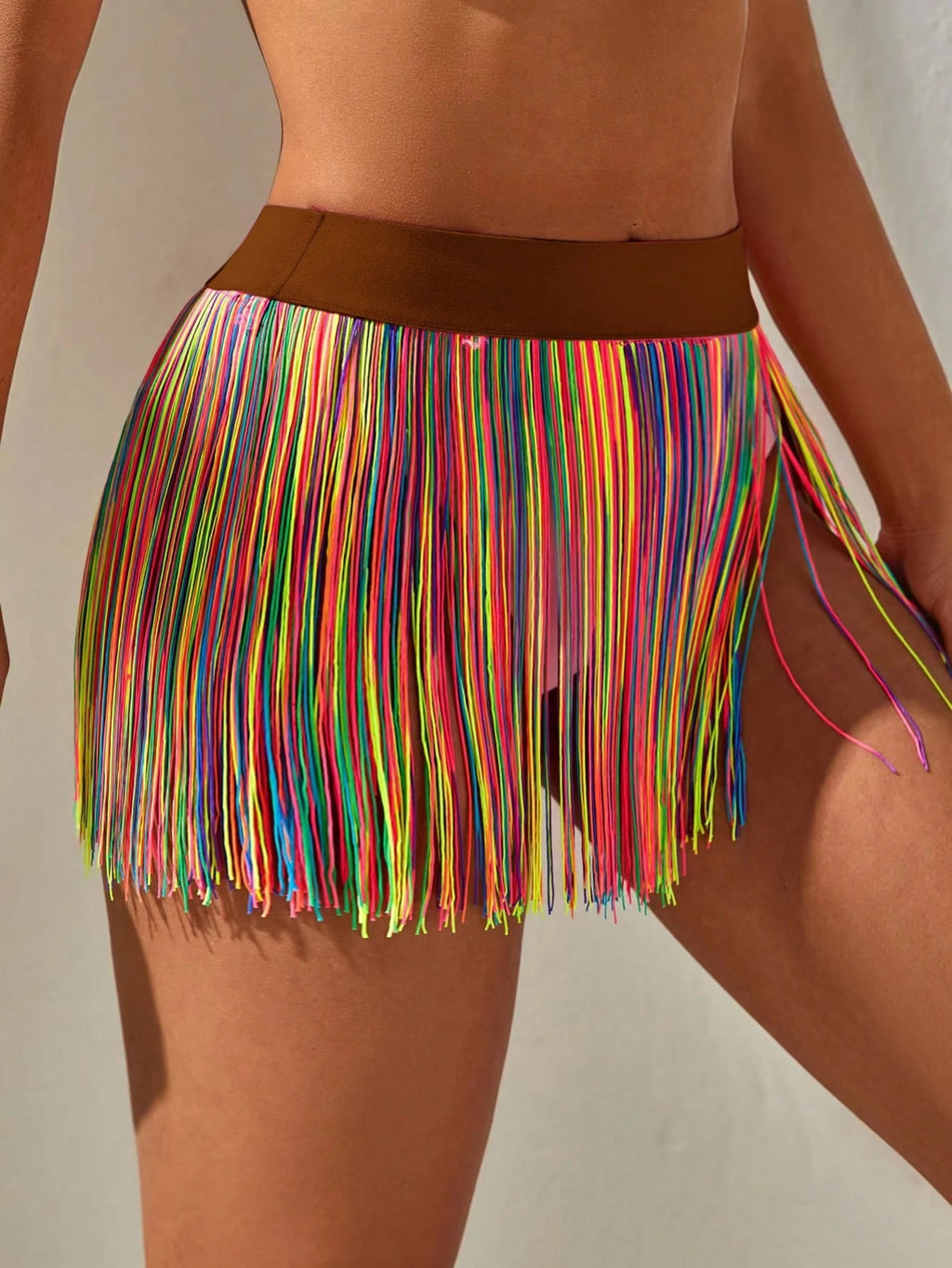 Swim Vcay Summer Beach Rainbow Striped Fringe Hem Cover Up Skirt - image 3