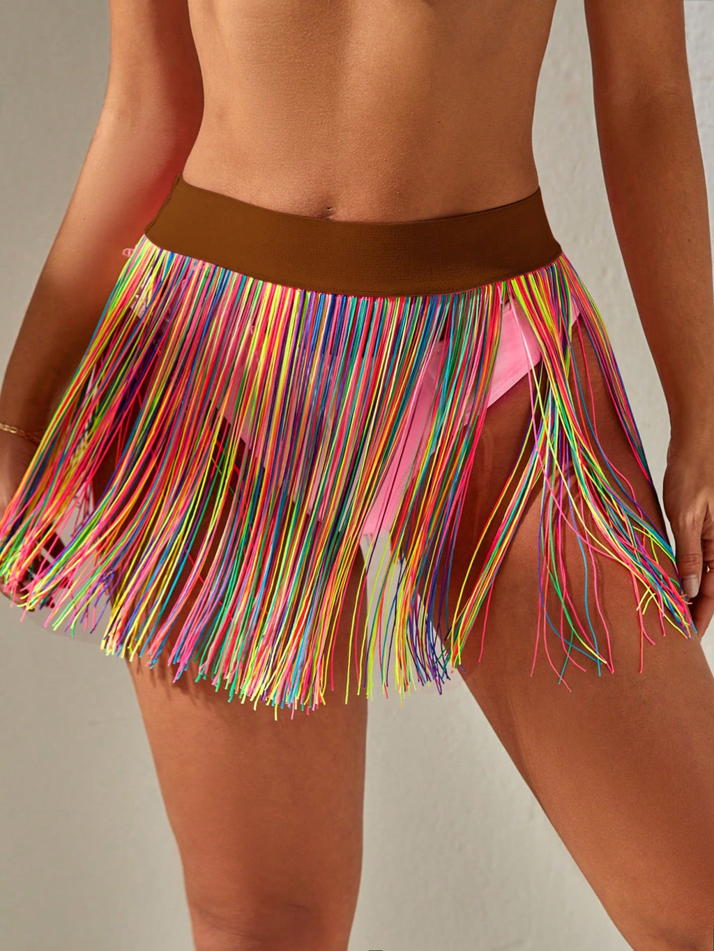 Swim Vcay Summer Beach Rainbow Striped Fringe Hem Cover Up Skirt - image 4
