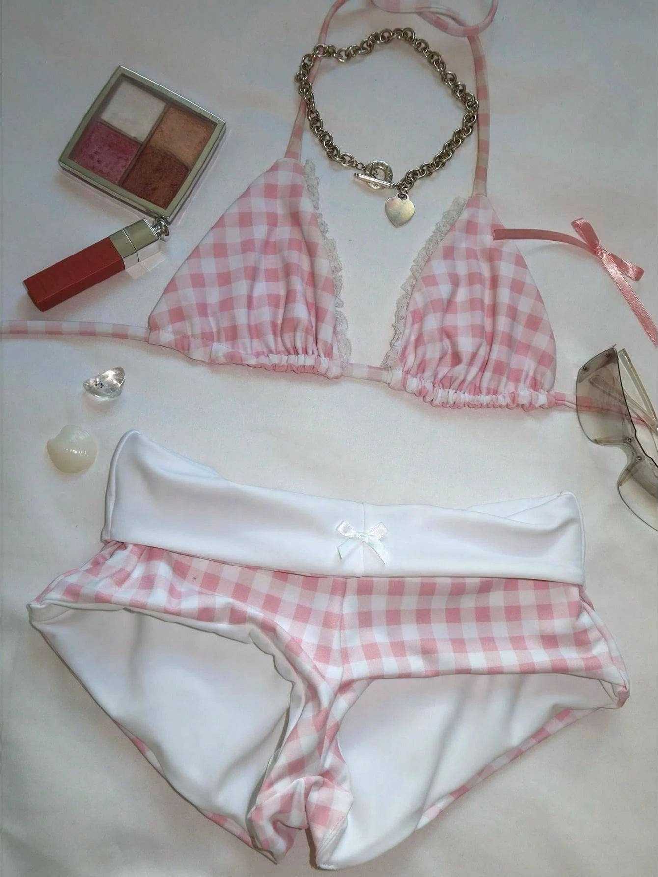 Women's Y2k Gingham Bow Bikini Set 2 Piece Bikini Shorts Sets Halter