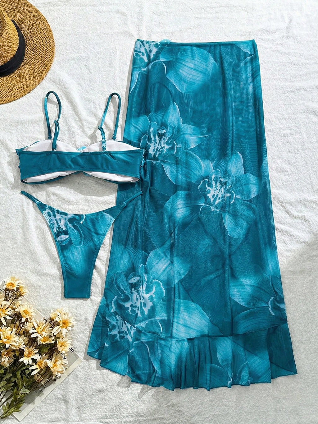 3pcs Women's Floral Print Elegant Sexy Backless 3D Flower Beach Dress