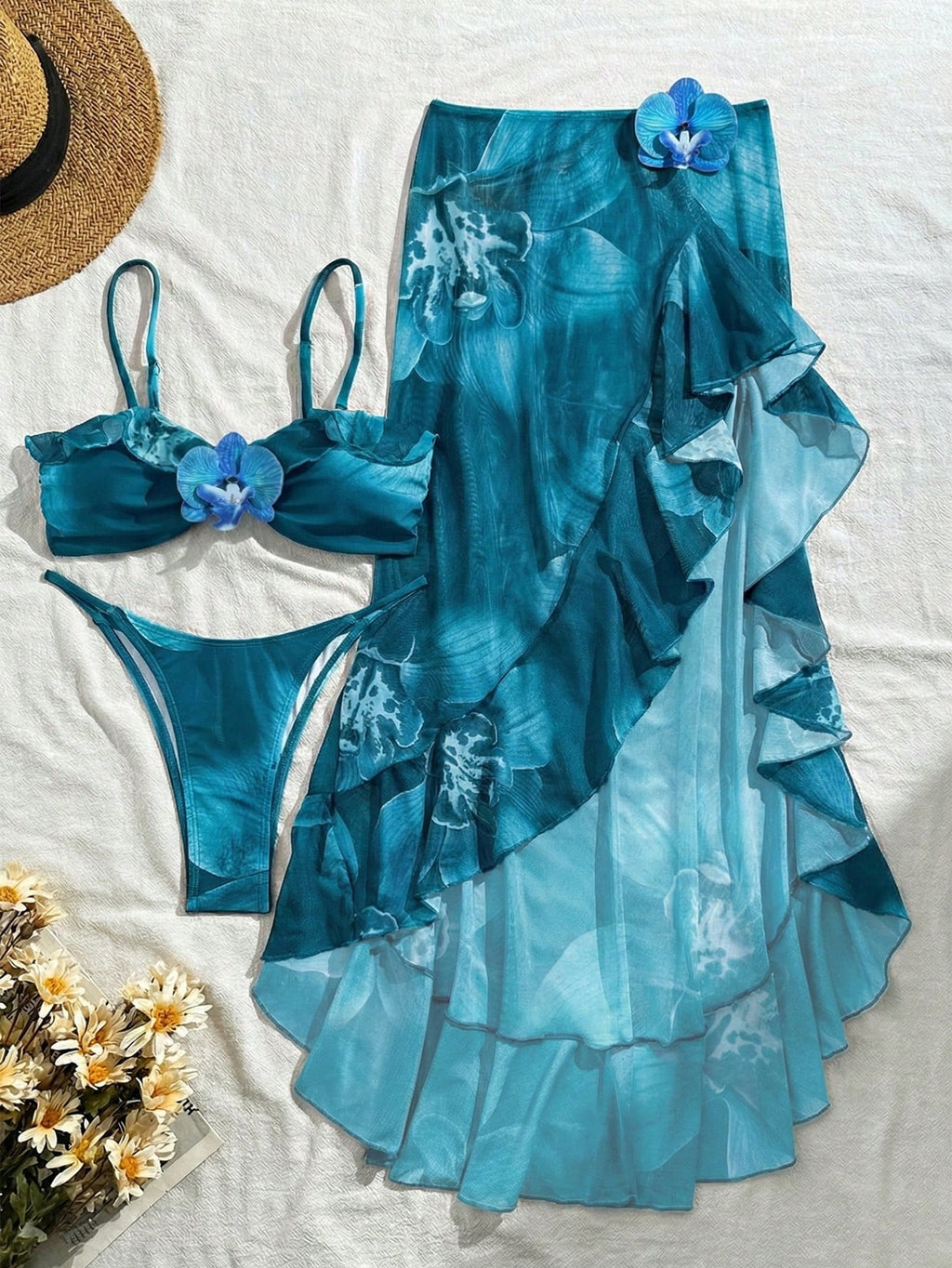 3pcs Women's Floral Print Elegant Sexy Backless 3D Flower Beach Dress