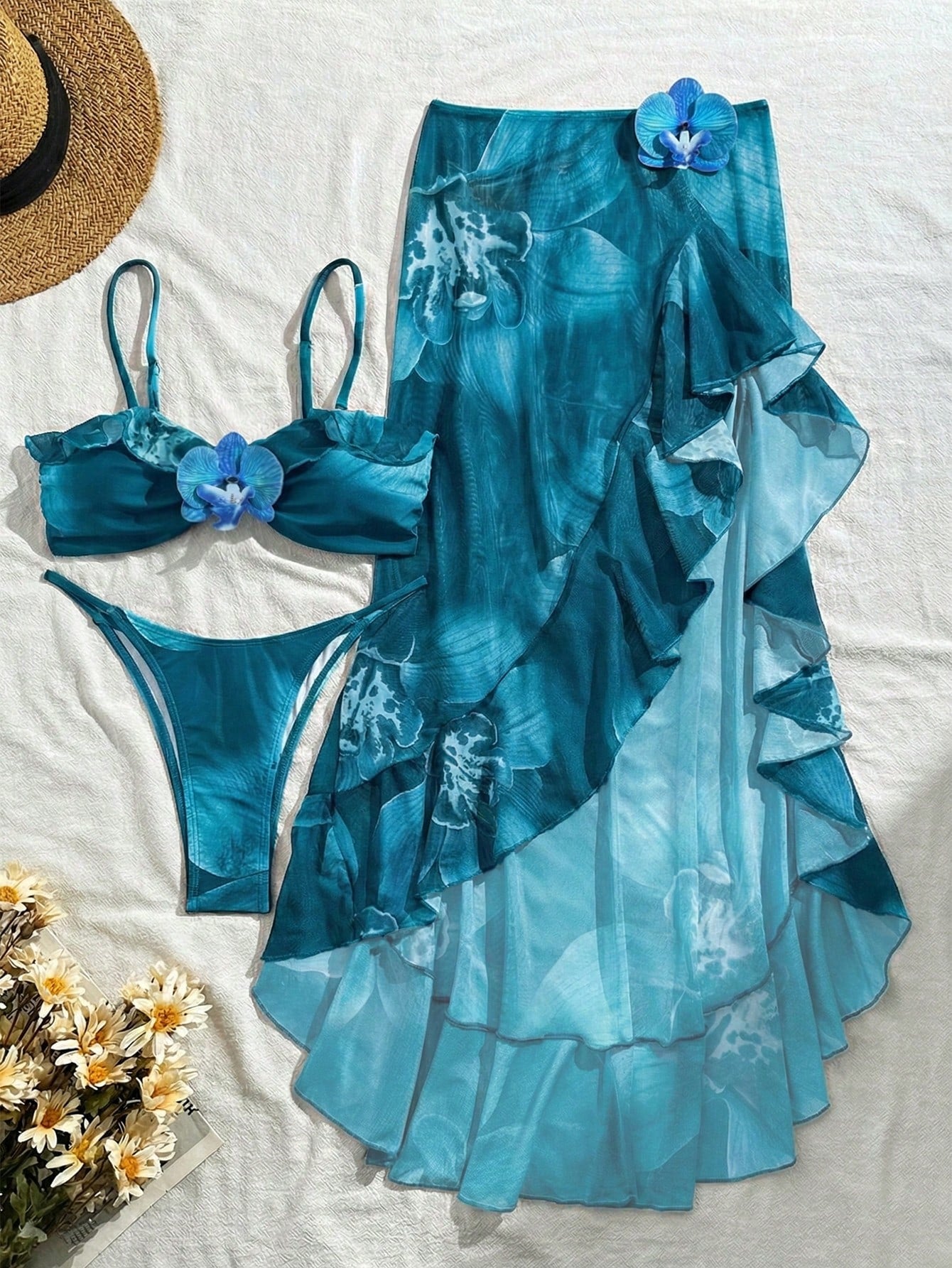 3pcs Women's Floral Print Elegant Sexy Backless 3D Flower Beach Dress