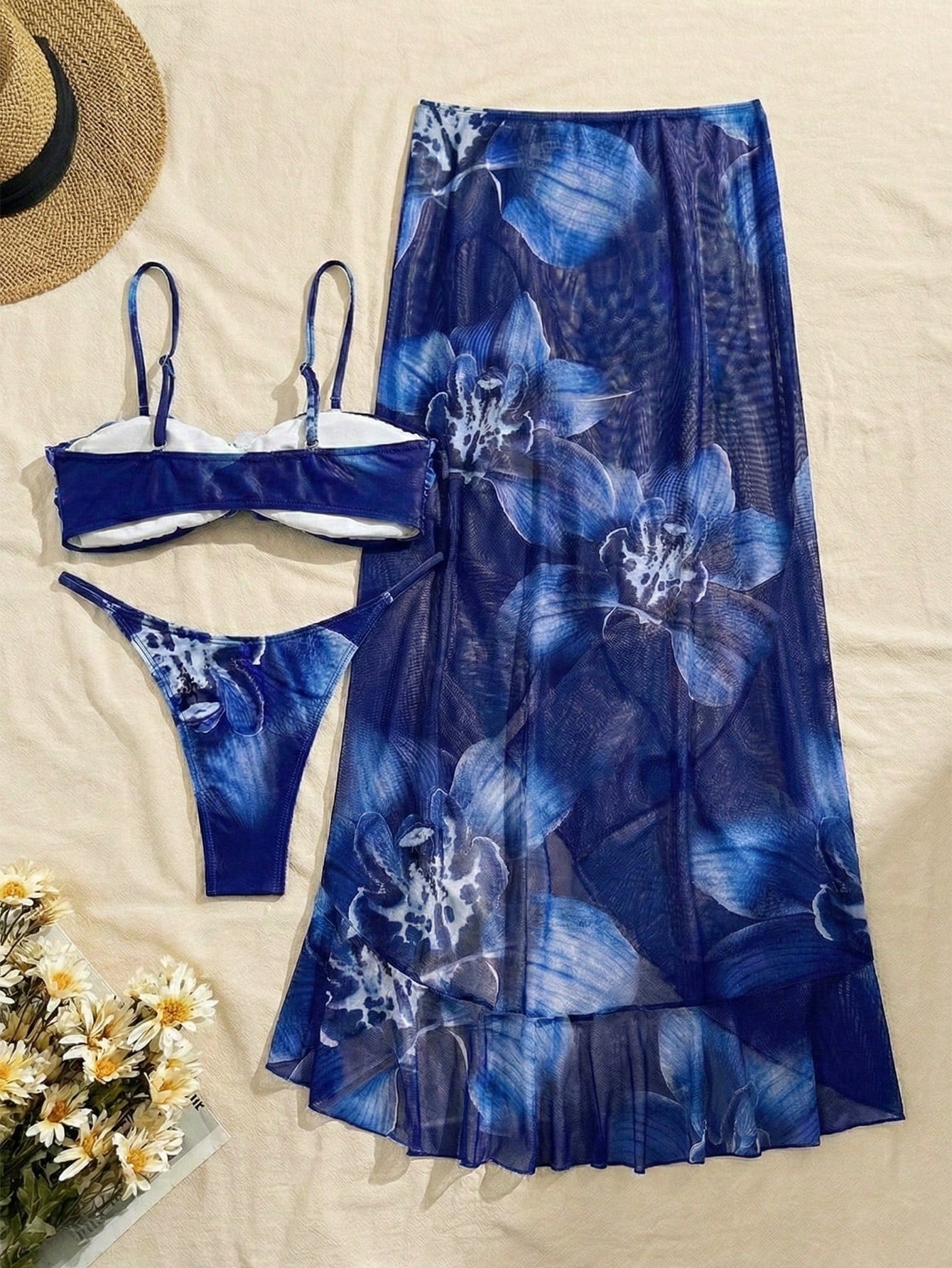 3pcs Women's Floral Print Elegant Sexy Backless 3D Flower Beach Dress