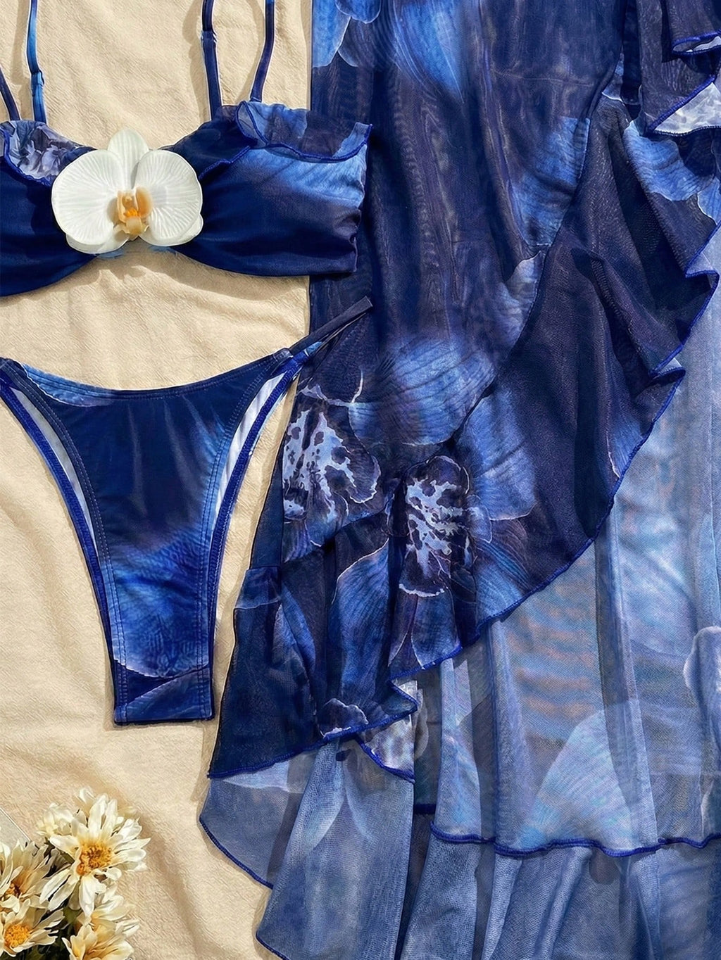 3pcs Women's Floral Print Elegant Sexy Backless 3D Flower Beach Dress
