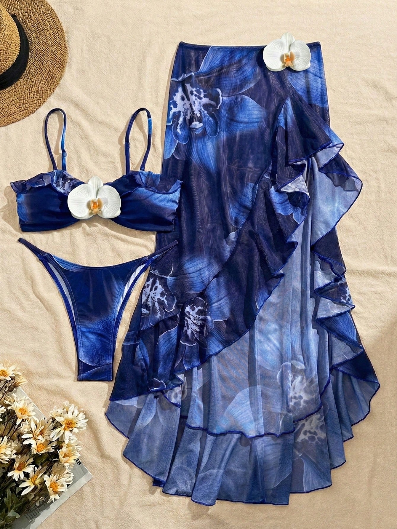 3pcs Women's Floral Print Elegant Sexy Backless 3D Flower Beach Dress