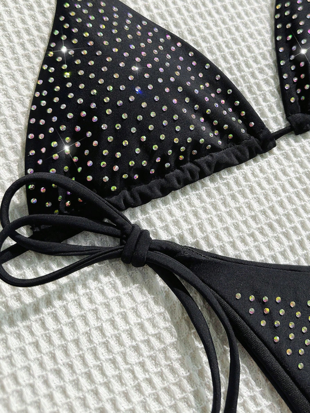 Summer Black Rhinestone Decor Bikini 2 Pieces Set, Fitted