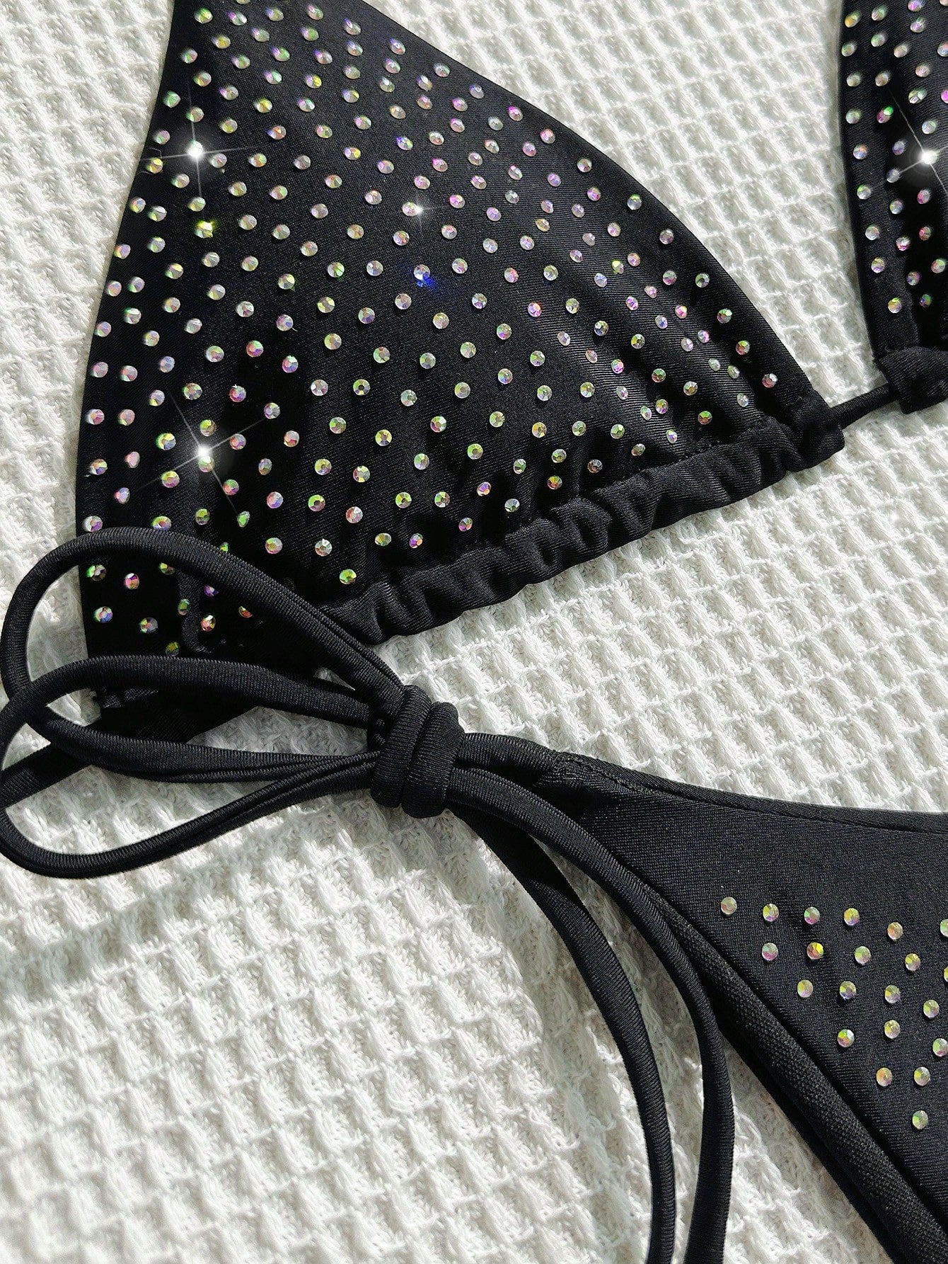 Summer Black Rhinestone Decor Bikini 2 Pieces Set, Fitted