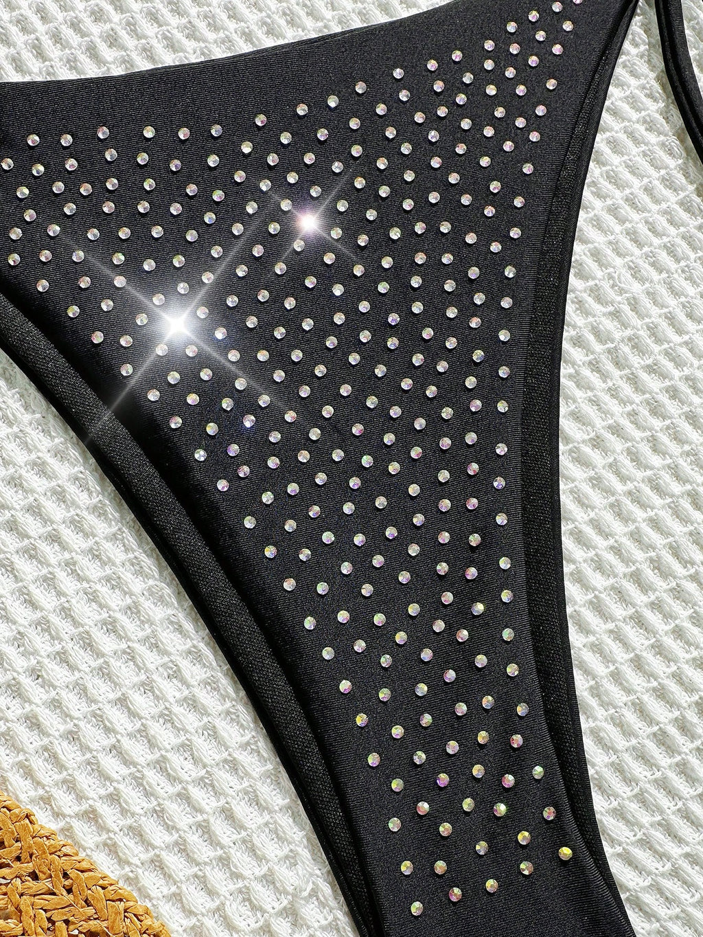 Summer Black Rhinestone Decor Bikini 2 Pieces Set, Fitted