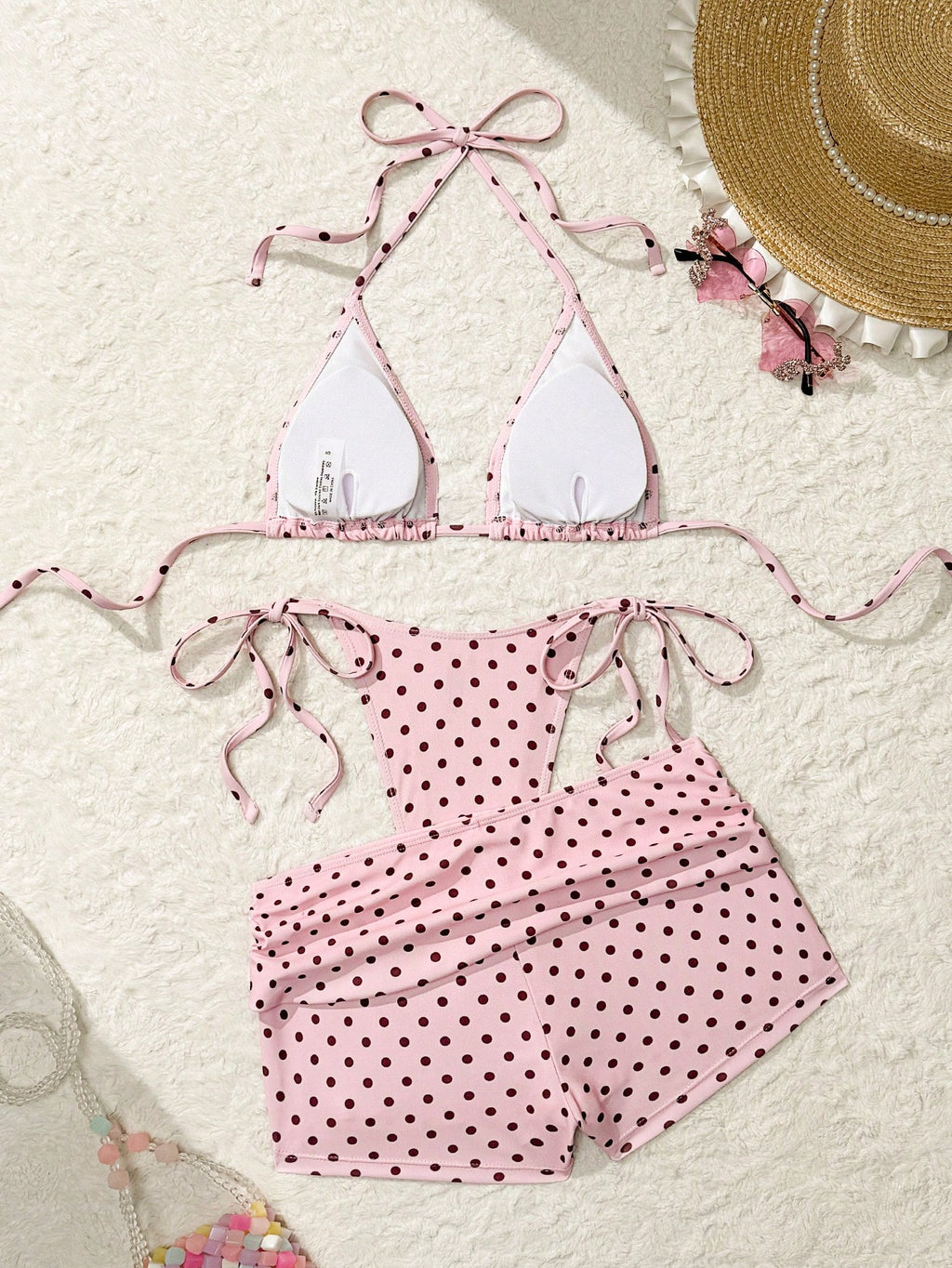 Costavie Women's Navy Blue Polka Dot 3 Pieces Swimwear Set,Summer