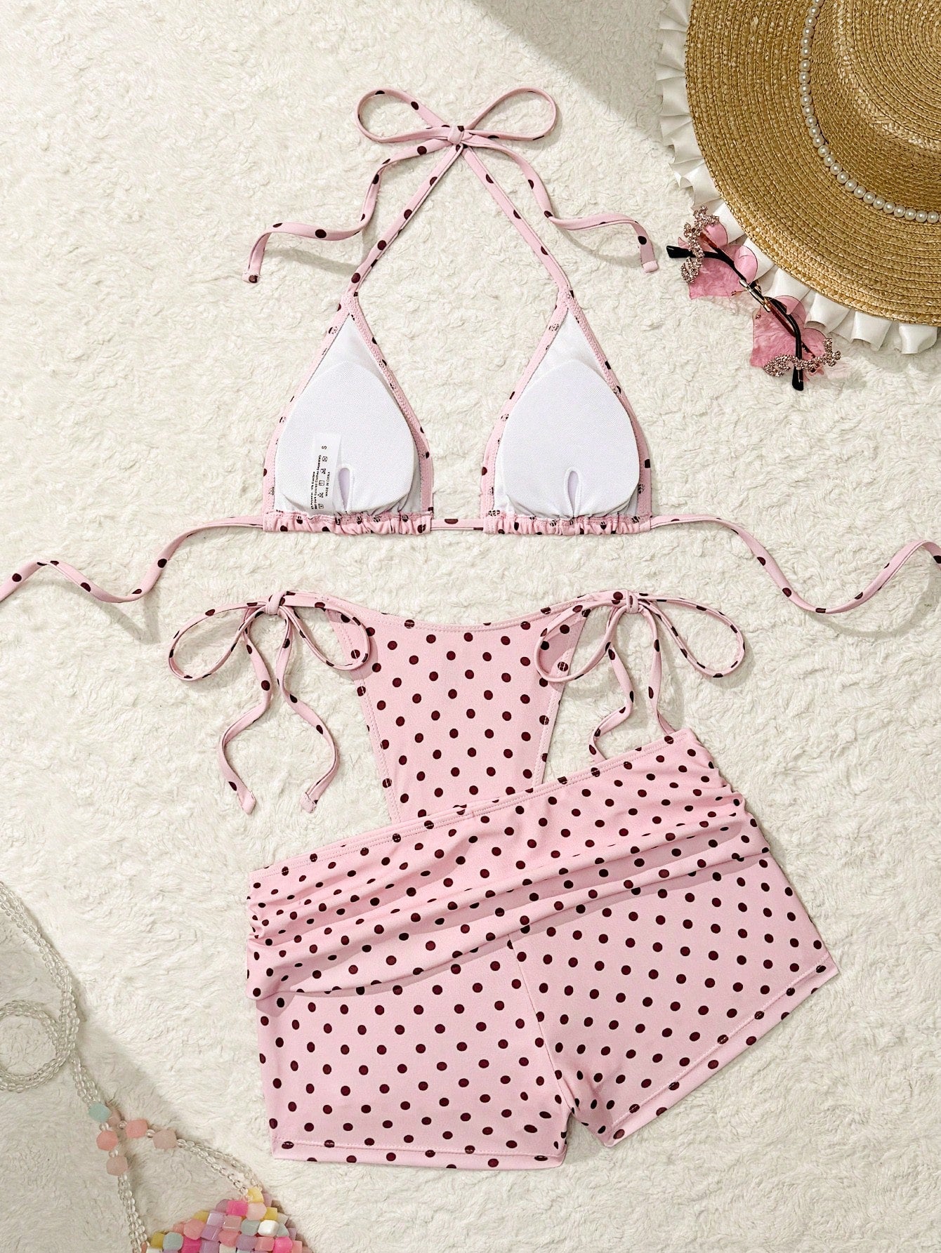 Costavie Women's Navy Blue Polka Dot 3 Pieces Swimwear Set,Summer