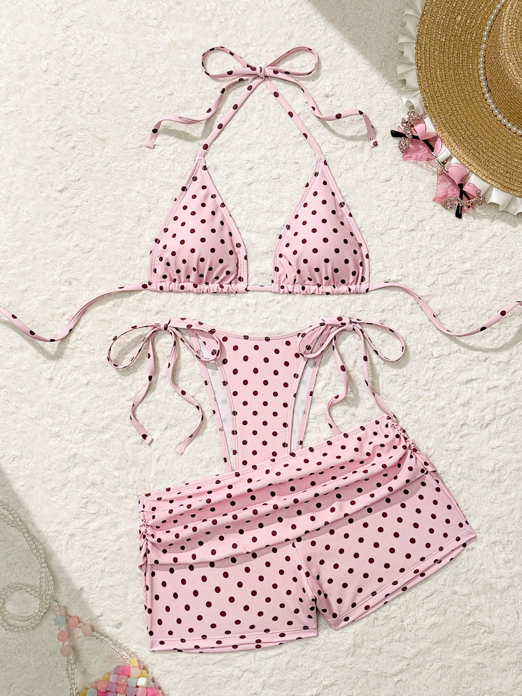 Costavie Women's Navy Blue Polka Dot 3 Pieces Swimwear Set,Summer