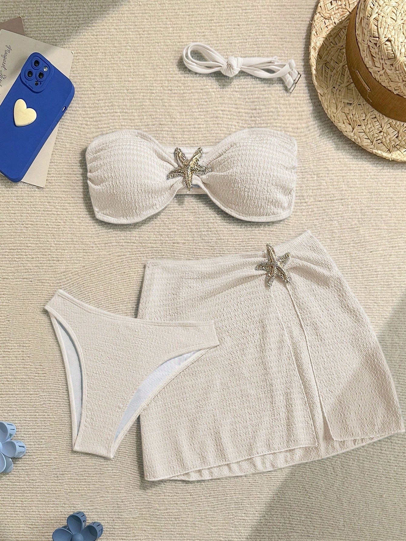 Soleia Women's Cute Dusky Blue Summer Beach Vacation Holiday 3-Piece Bikini Set