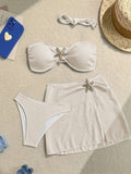 Soleia Women's Cute Dusky Blue Summer Beach Vacation Holiday 3-Piece Bikini Set With Skirt,Solid Textured