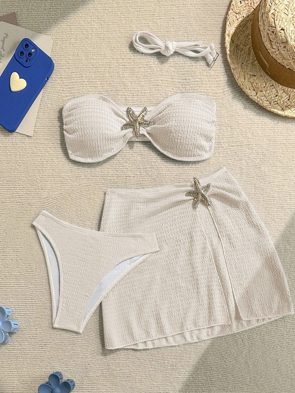 Soleia Women's Cute Dusky Blue Summer Beach Vacation Holiday 3-Piece Bikini Set With Skirt,Solid Textured