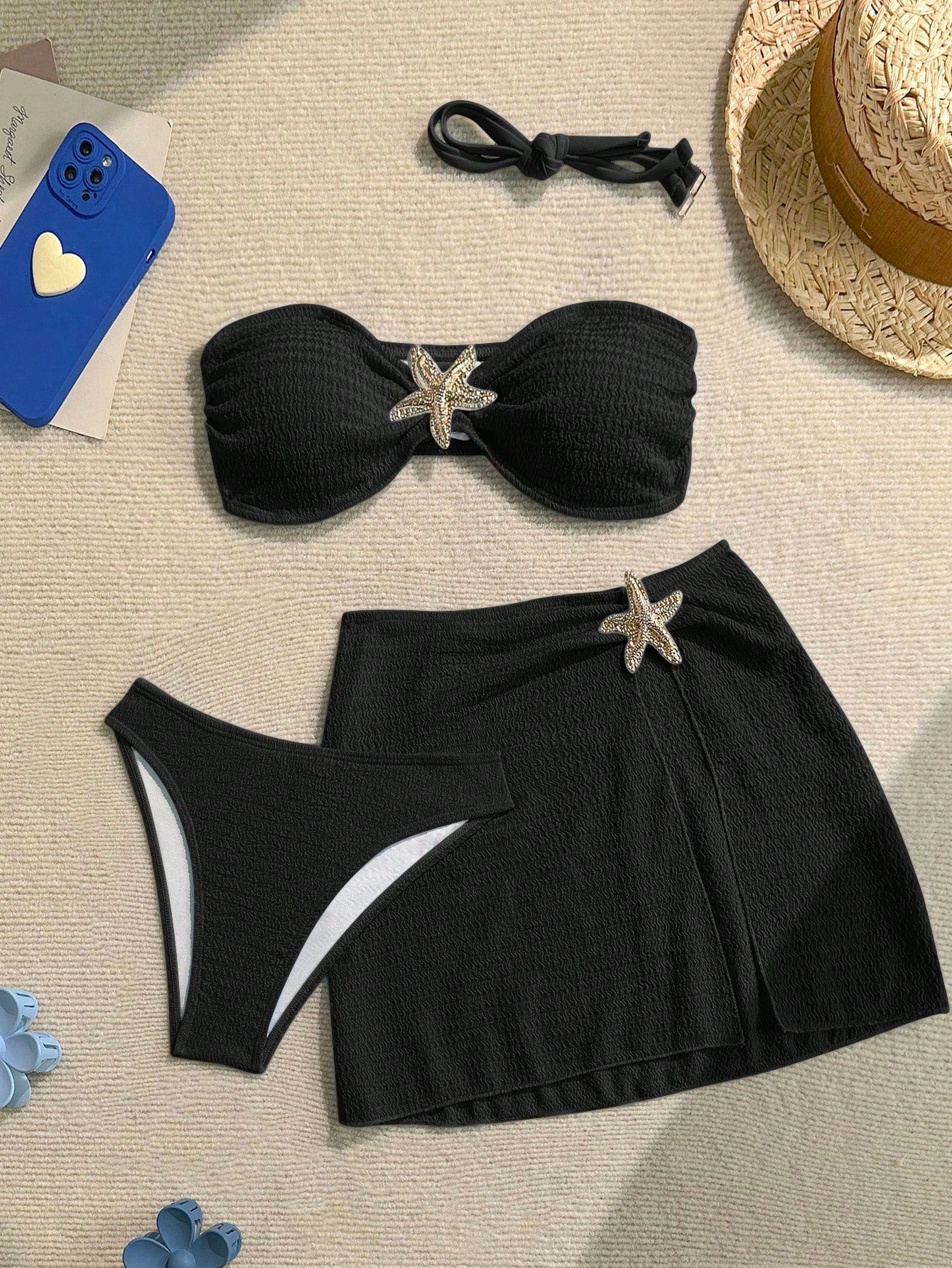 Soleia Women's Cute Dusky Blue Summer Beach Vacation Holiday 3-Piece Bikini Set