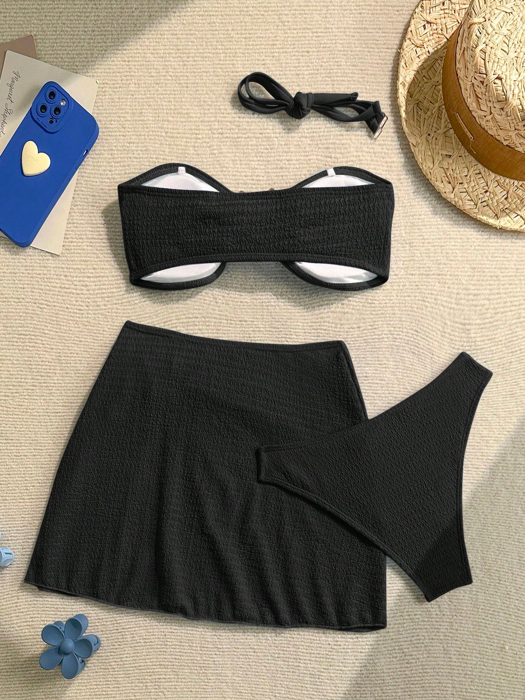 Soleia Women's Cute Dusky Blue Summer Beach Vacation Holiday 3-Piece Bikini Set With Skirt,Solid Textured - image 12