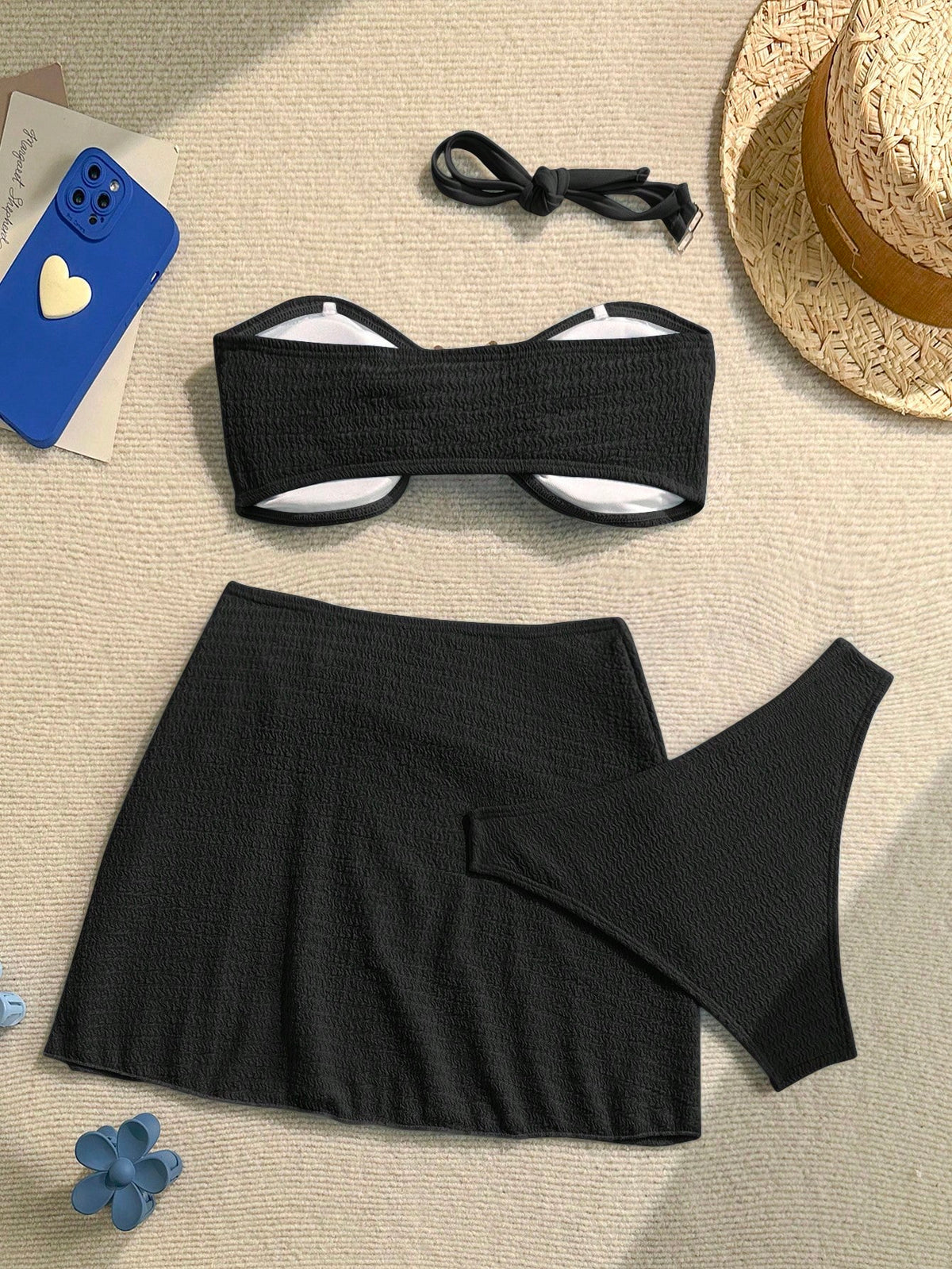 Soleia Women's Cute Dusky Blue Summer Beach Vacation Holiday 3-Piece Bikini Set With Skirt,Solid Textured - image 12
