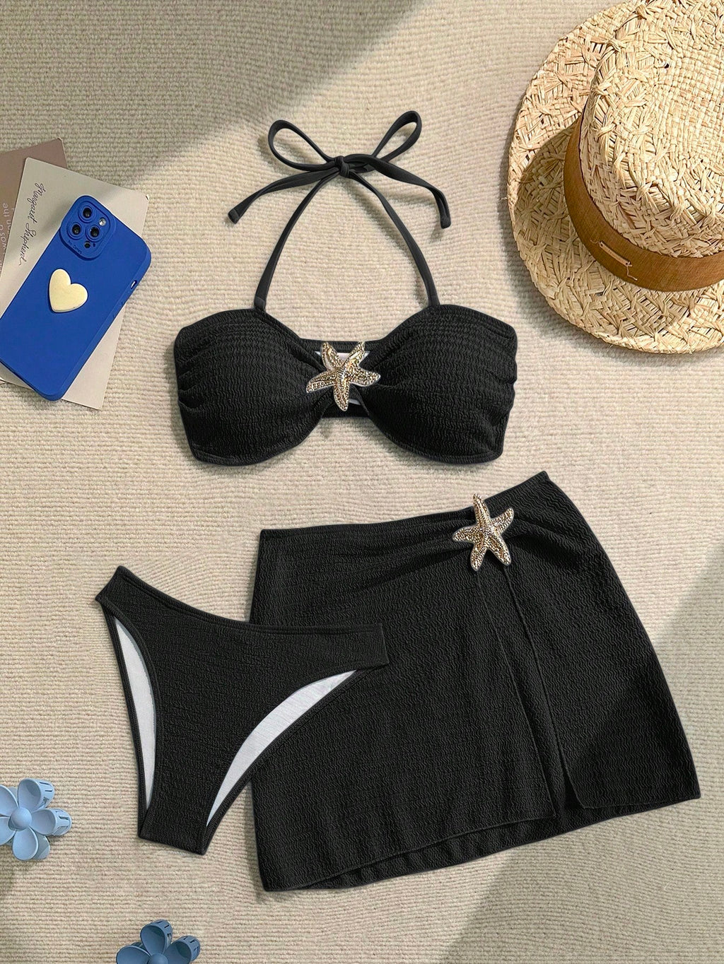 Soleia Women's Cute Dusky Blue Summer Beach Vacation Holiday 3-Piece Bikini Set With Skirt,Solid Textured - image 15