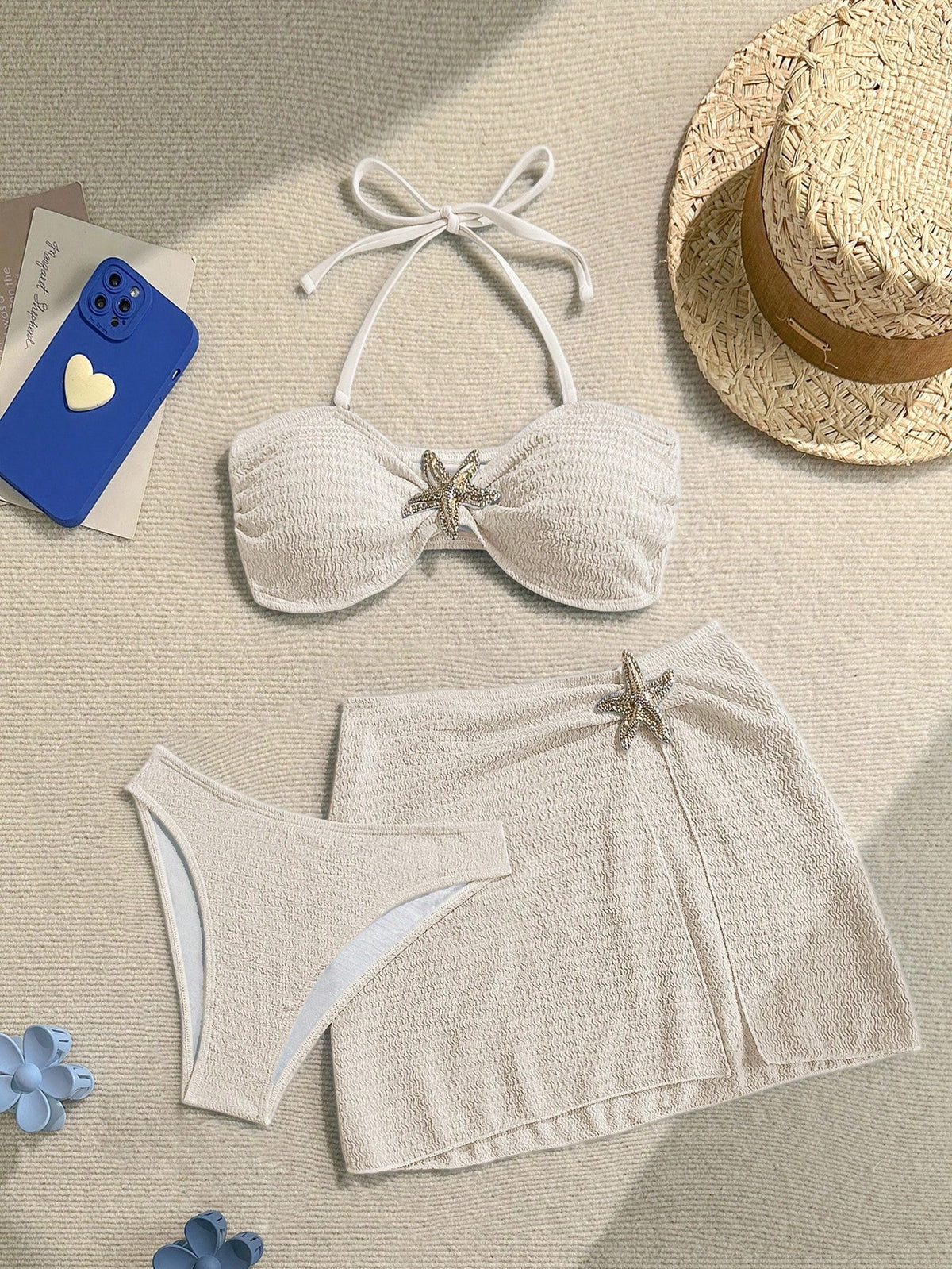 Soleia Women's Cute Dusky Blue Summer Beach Vacation Holiday 3-Piece Bikini Set With Skirt,Solid Textured - image 5