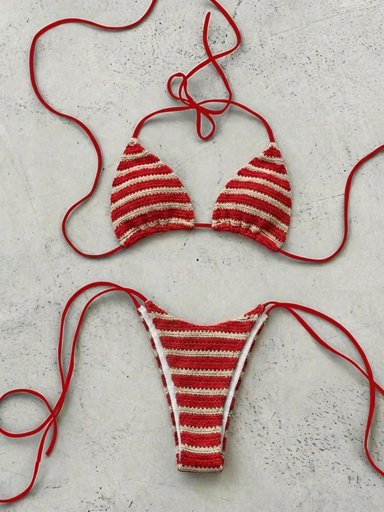 2pcs/Set Women's Sexy Backless Bikini Set, Black & White Striped Triangle Top With Halter Neck Design, - image 13