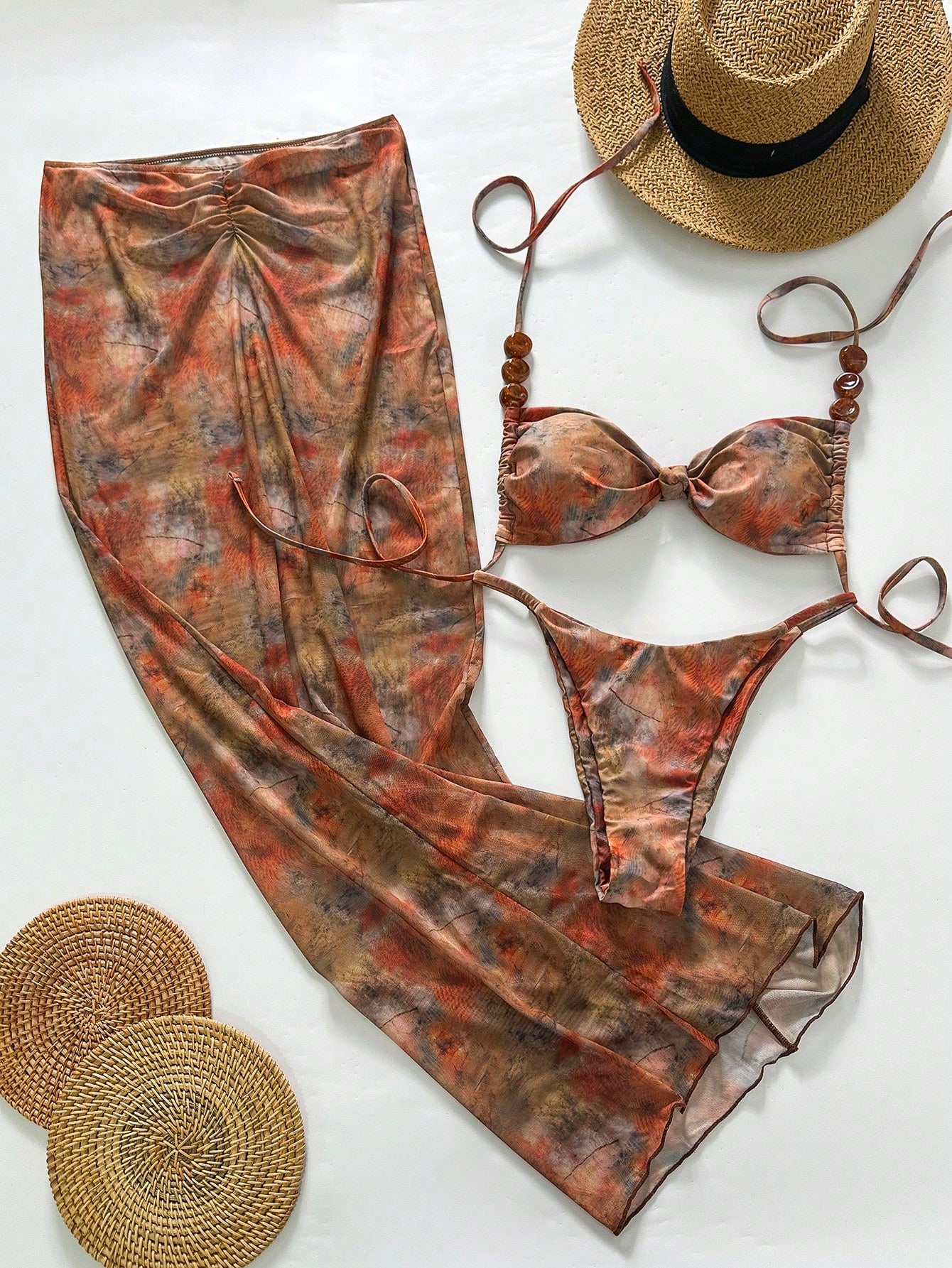 Bonvoyette Swim 3pcs/Set Asymmetrical Pearl Decor Bandeau Bikini,Ruched Front Sk