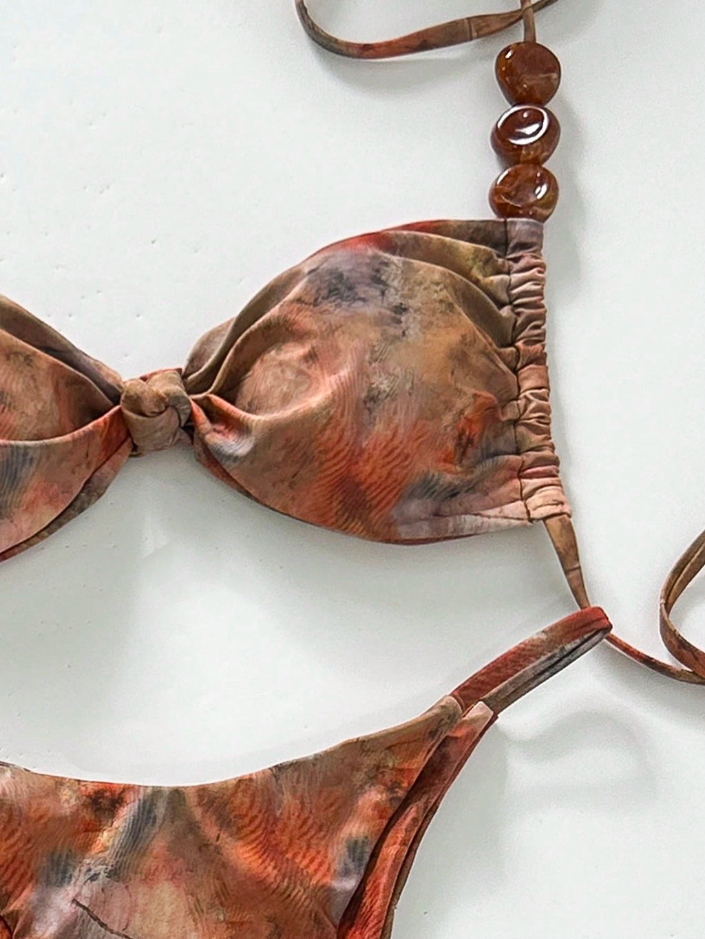 Bonvoyette Swim 3pcs/Set Asymmetrical Pearl Decor Bandeau Bikini,Ruched Front Sk