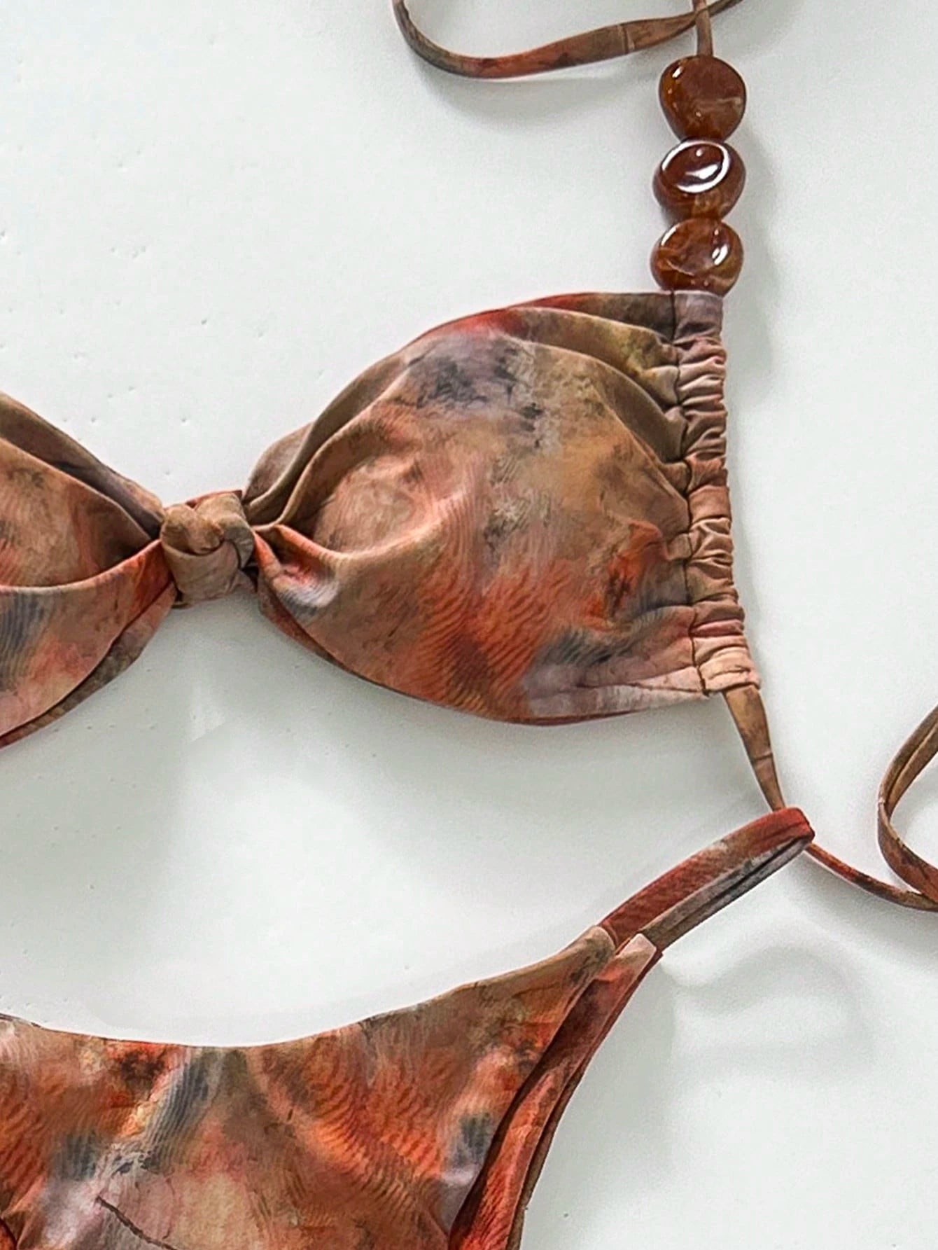 Bonvoyette Swim 3pcs/Set Asymmetrical Pearl Decor Bandeau Bikini,Ruched Front Sk