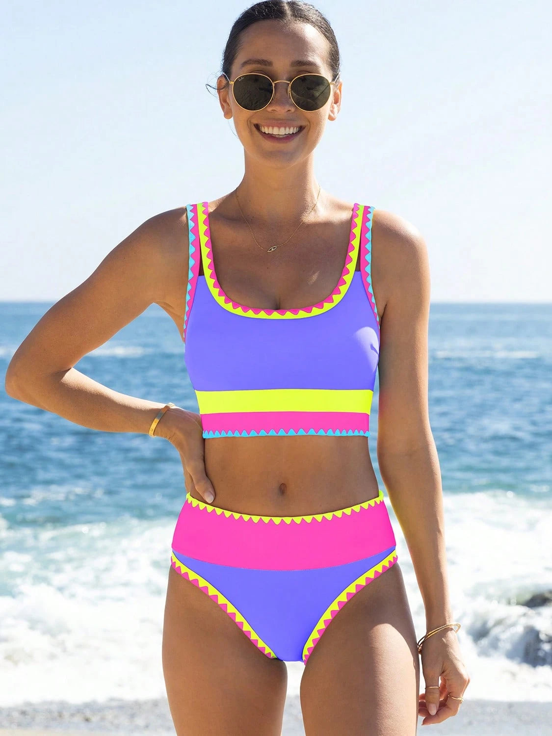 popvil Women Sporty Color-Blocked Shell Trim Bikini Three Pieces Set