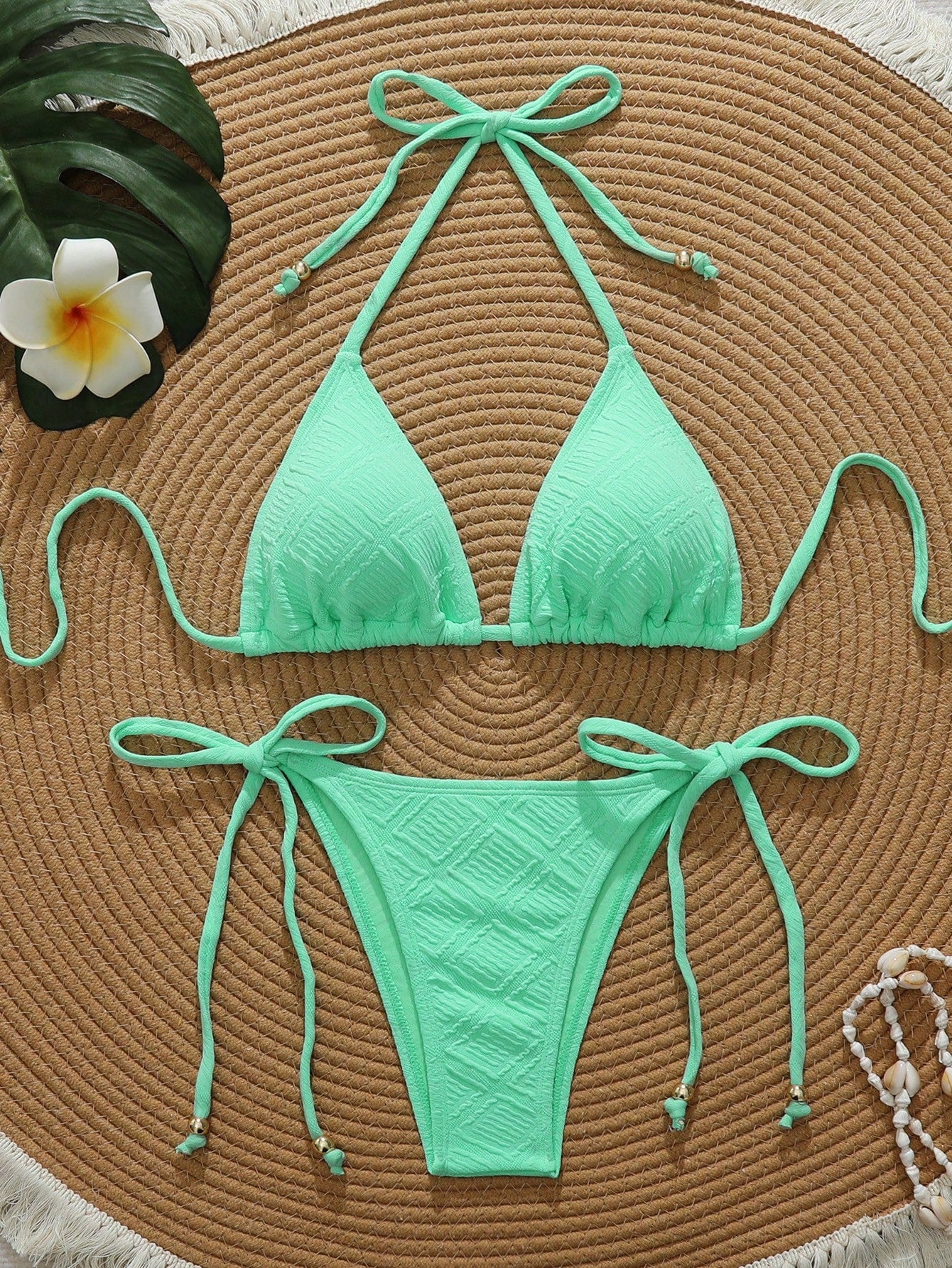 Swim Vcay Mint Green Textured Fabric Bandeau Bikini For Women Plain