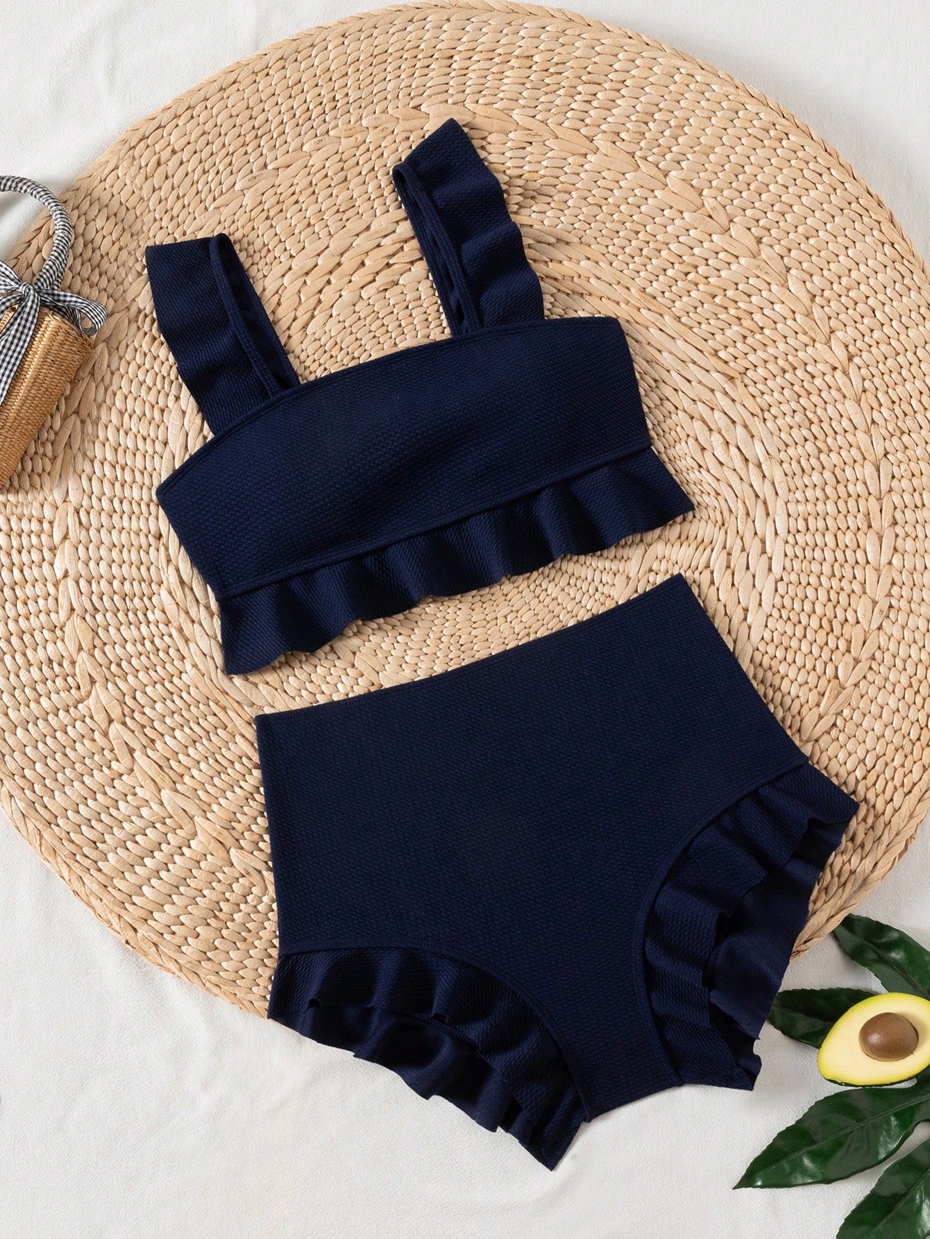 Swim Vcay Navy Blue Square Neck Ruffle Trim Bikini Set, Crop Top And