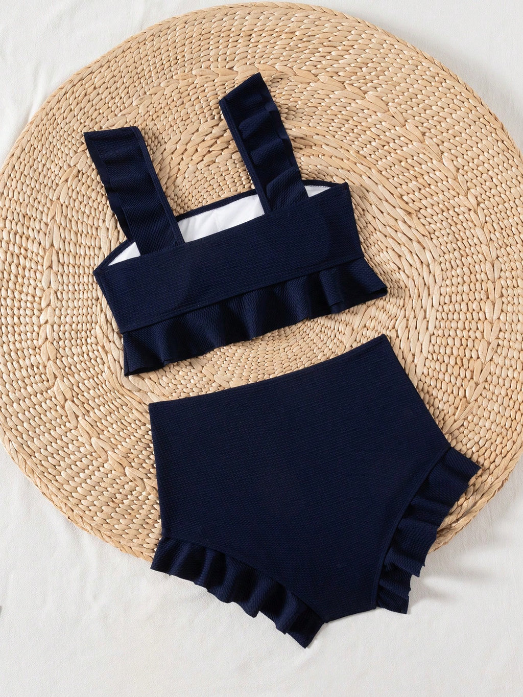 Swim Vcay Navy Blue Square Neck Ruffle Trim Bikini Set, Crop Top And