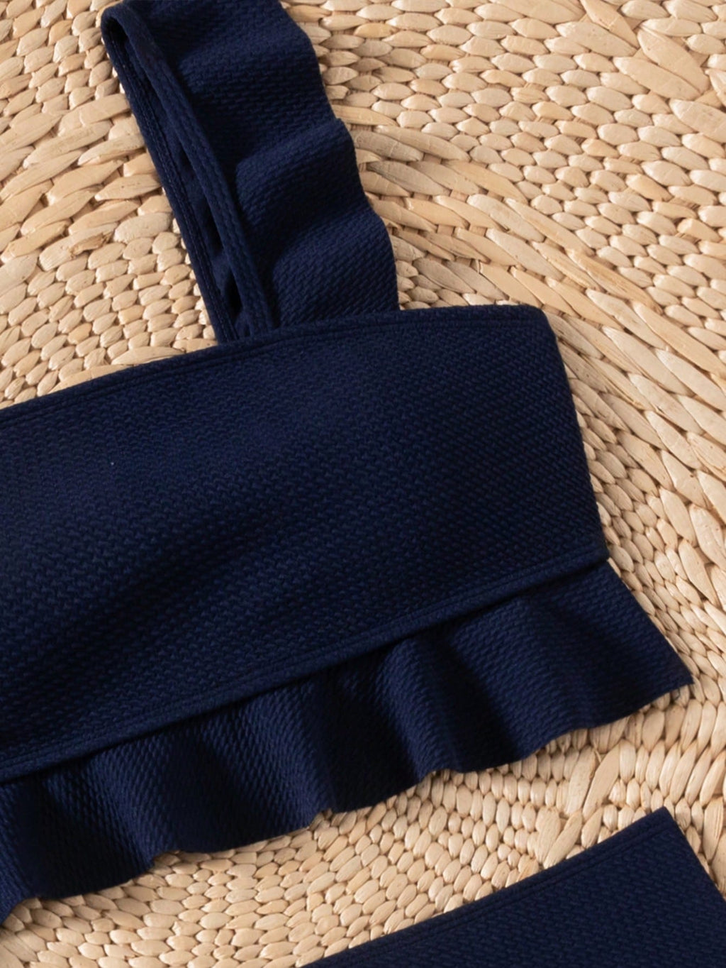 Swim Vcay Navy Blue Square Neck Ruffle Trim Bikini Set, Crop Top And