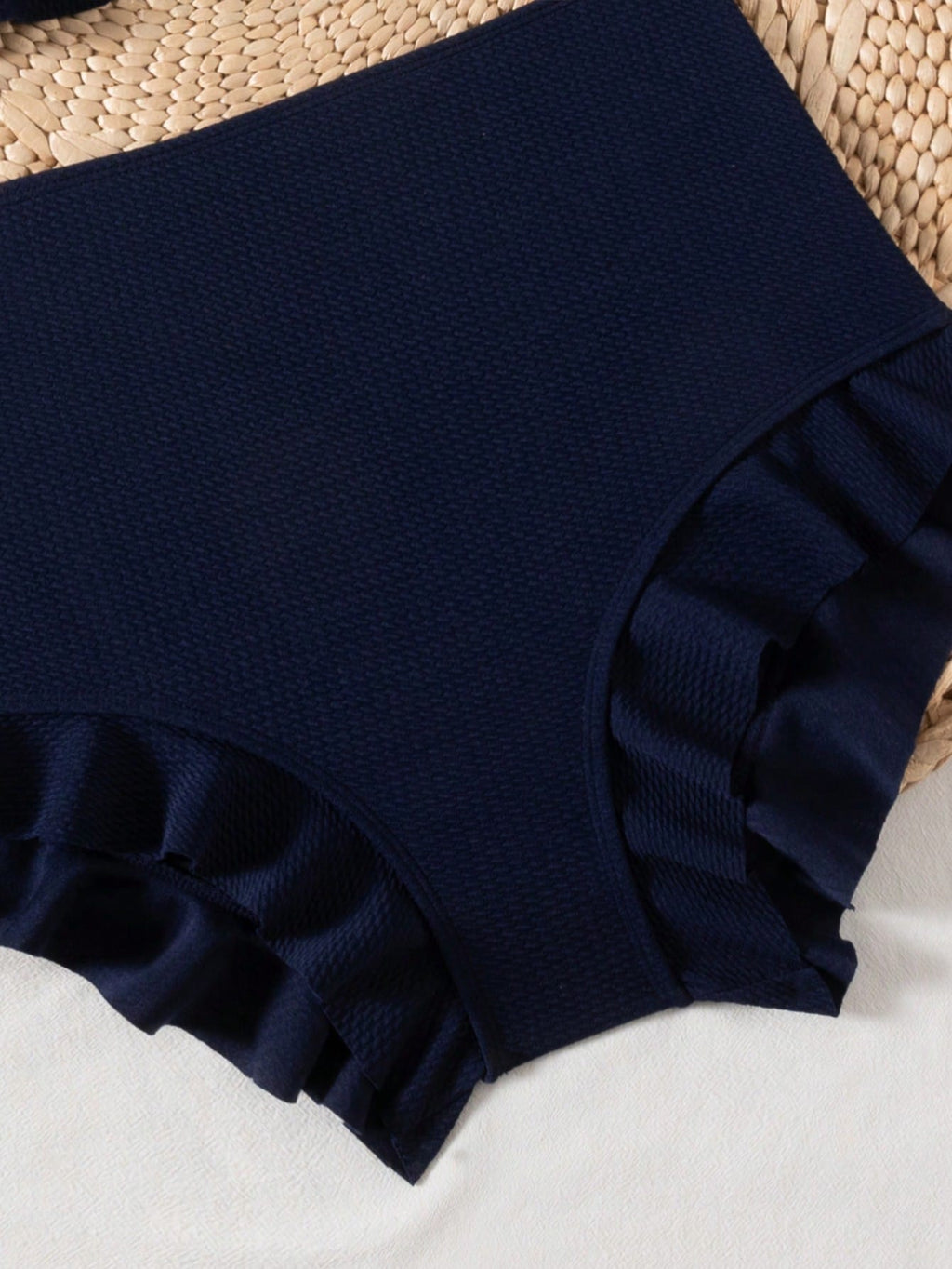 Swim Vcay Navy Blue Square Neck Ruffle Trim Bikini Set, Crop Top And