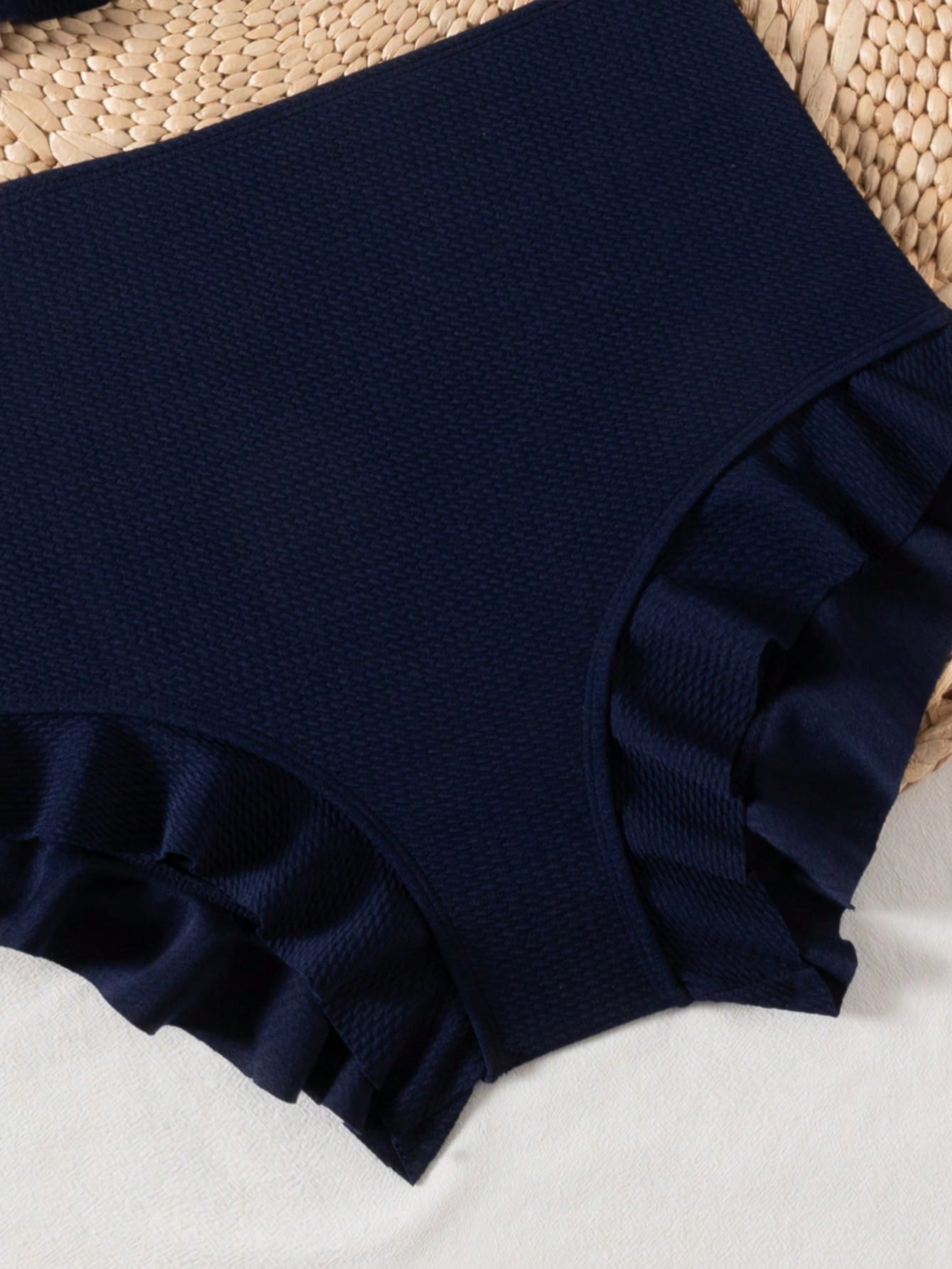 Swim Vcay Navy Blue Square Neck Ruffle Trim Bikini Set, Crop Top And